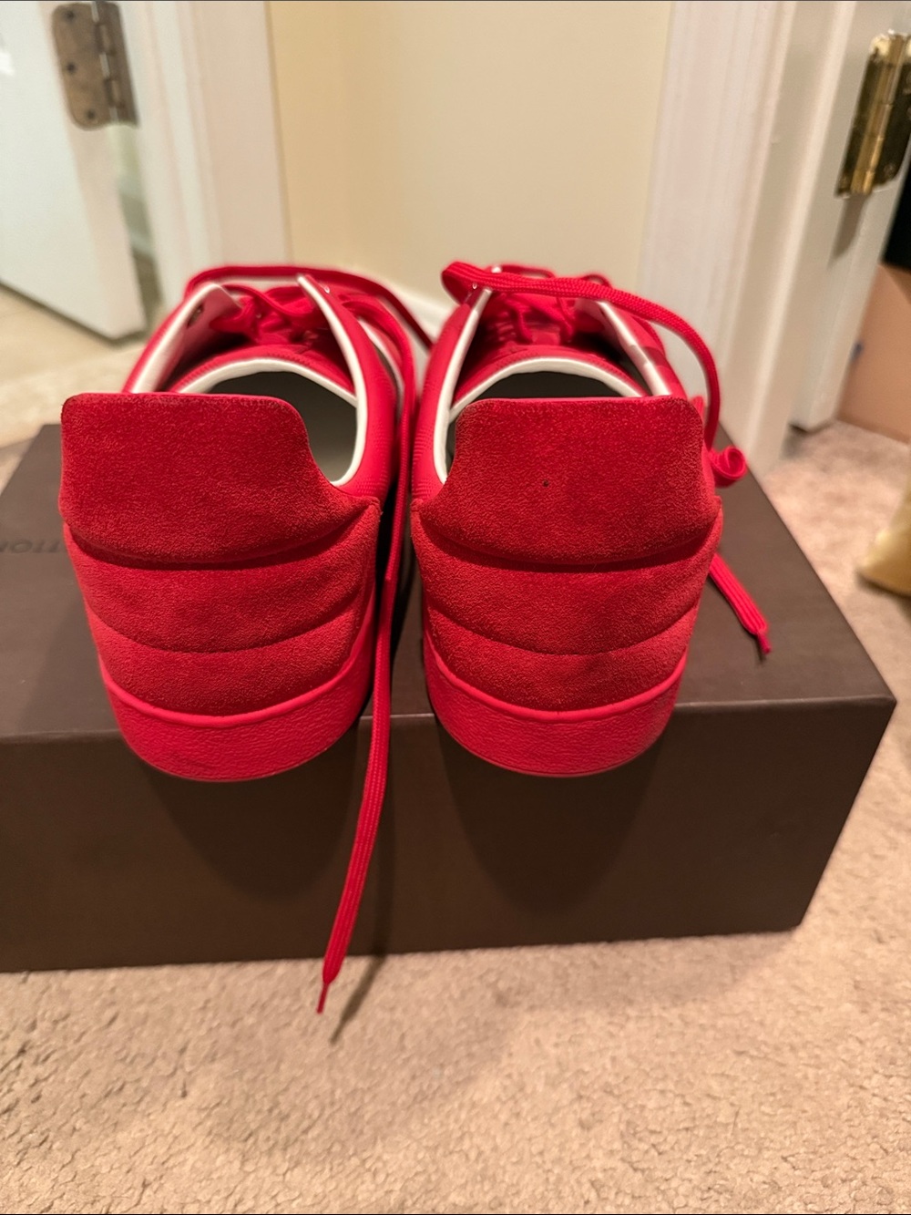 Louis Vuitton Red Sneaker with Black & White Stripe Accent - Picture 4 of 12
